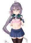 1girl akebono_(kancolle) akebono_kai_ni_(kancolle) artist_name bell black_choker black_gloves blue_skirt bra choker clothes_lift commentary_request flower gloves hair_bell hair_flower hair_ornament highres jingle_bell kantai_collection long_hair looking_at_viewer navel pink_bra pleated_skirt purple_eyes purple_hair school_uniform serafuku shirt_lift short_sleeves side_ponytail simple_background skirt solo t2r thighhighs training_bra underwear very_long_hair white_background 