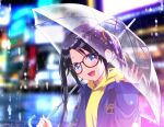  1girl black_hair blue_eyes blue_jacket blurry blurry_background commentary_request glasses highres hood hoodie idolmaster idolmaster_shiny_colors jacket long_hair looking_at_viewer m-shiganai mitsumine_yuika nail_polish night rain real_world_location shibuya_(tokyo) solo tokyo_(city) transparent transparent_umbrella twintails umbrella upper_body waving yellow_hoodie 