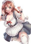  1girl :d absurdres apron aqua_eyes bangs bow breasts brown_hair cleavage collarbone commentary cuffs curled_fingers detached_sleeves dirndl emma_verde eyebrows_hidden_by_hair freckles garter_straps german_clothes hands_up highres large_breasts long_hair looking_at_viewer love_live! love_live!_nijigasaki_high_school_idol_club maid maid_headdress puffy_short_sleeves puffy_sleeves red_bow ribbon-trimmed_legwear ribbon-trimmed_thighhighs ribbon_trim round_teeth short_apron short_sleeves simple_background smile solo teeth textless_version thighhighs underbust upper_teeth ushio_ochinashi white_background white_thighhighs 