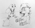  absurd_res anthro badge bound chair clothing disney duo female female/female files furniture gloves hair handwear helena_(bonk6) hi_res hyaenid inked_drawing interrogation judy_hopps lagomorph leporid long_hair mammal rabbit redink_art table zootopia 