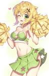  1girl akatsuki_kirika bare_shoulders blonde_hair breasts cheerleader cleavage green_eyes green_skirt heart highres holding holding_pom_poms looking_at_viewer medium_breasts navel one_eye_closed open_mouth pleated_skirt pom_pom_(cheerleading) senki_zesshou_symphogear shiny shiny_hair shiny_skin short_hair skirt smile solo standing star_cutout strapless tube_top yuuheisyoujyo 