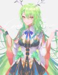  1girl absurdres antlers bangs blue_bow blue_bowtie blue_dress bow bowtie breasts ceres_fauna character_name closed_mouth dress flower green_flower green_hair green_nails green_rose hair_between_eyes hair_flower hair_ornament handot_(d_yot_) highres holding holding_hair hololive hololive_english large_breasts leaf long_hair long_sleeves looking_at_viewer nail_polish rose simple_background smile solo very_long_hair virtual_youtuber white_dress white_flower wide_sleeves yellow_eyes 