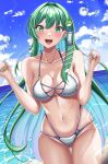  1girl :d armpit_crease bangs beach bikini blue_sky blush breasts cleavage collarbone commentary_request dated eyelashes frog_hair_ornament green_nails hair_ornament highres hossy kochiya_sanae large_breasts long_hair looking_at_viewer navel ocean open_mouth shiny shiny_hair sidelocks signature sky smile snake_hair_ornament solo sparkle swimsuit thighs tongue touhou water 