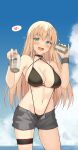  1girl alternate_costume bangs bare_shoulders beach beer_can bikini bikini_under_clothes bismarck_(kancolle) black_bikini blonde_hair blue_eyes blue_sky blush breasts can choker cloud cross day denim denim_shorts hat heart highleg highleg_bikini highres holding holding_can horizon iron_cross kantai_collection large_breasts long_hair looking_at_viewer navel ohta_yuichi open_fly open_mouth outdoors shorts sky smile solo standing string_bikini swimsuit swimsuit_under_clothes thigh_strap 