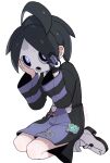  1boy ahoge allister_(pokemon) black_hair black_shirt black_shorts bright_pupils commentary_request full_body gloves hands_up highres himawari_(kawaisounaedesu) long_sleeves male_focus mask partially_fingerless_gloves pokemon pokemon_(game) pokemon_swsh purple_eyes shirt shoes short_hair shorts side_slit side_slit_shorts signature simple_background single_glove socks solo suspender_shorts suspenders sweat white_background white_footwear 