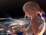  1girl bangs blonde_hair breasts dark-skinned_female dark_skin earth_(planet) hair_ornament handot_(d_yot_) highres hololive hololive_english large_breasts limiter_(tsukumo_sana) long_hair looking_at_viewer planet planet_hair_ornament sideboob smile solo space tsukumo_sana twintails very_long_hair virtual_youtuber yellow_eyes 