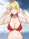  1girl ahoge bangs bare_shoulders beach bikini blonde_hair blue_sky blush breasts cleavage closed_eyes closed_mouth cocq_taichou collarbone commentary_request double_v facing_viewer fate/extra fate_(series) hair_between_eyes hair_intakes hair_ribbon large_breasts long_hair navel nero_claudius_(fate) nero_claudius_(fate/extra) ocean red_bikini red_ribbon ribbon sky smile solo straight-on swimsuit v 