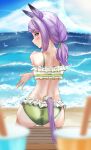  1girl absurdres alternate_costume animal_ears ass blurry blurry_foreground blush commentary_request drink highres horse_ears horse_girl horse_tail long_hair looking_at_viewer mejiro_mcqueen_(umamusume) miya_(miya-pi) ocean pov purple_eyes purple_hair solo swimsuit tail umamusume 