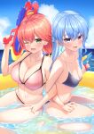  2girls ;d absurdres bikini blue_eyes blue_hair blue_sky breasts cleavage cloud finger_on_trigger green_eyes hair_ornament hairclip heckler_kai highres holding holding_water_gun hololive hoshimachi_suisei innertube large_breasts locked_arms long_hair multiple_girls navel one_eye_closed outdoors pink_hair sakura_miko sitting sky small_breasts smile star_(symbol) star_in_eye stomach swimsuit symbol_in_eye v virtual_youtuber wariza water water_gun 