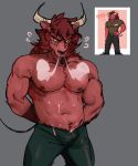  anthro belt biceps bodily_fluids bottomwear bovid bovine breath_cloud bulge cattle clock clothed clothing cum cum_on_belly cum_on_body deltoids facial_piercing footwear fully_clothed fur genital_fluids hands_behind_back horn male mammal muscular name_tag nipples nose_piercing nose_ring otternito pants pecs piercing polo_shirt portrait red_body red_fur ring_piercing shirt shoes simple_background solo standing three-quarter_portrait topless topless_anthro topless_male topwear watch wristwatch 