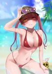  1girl ara1e arm_up baseball_cap beach bikini blue_sky blurry blurry_background blush breasts cleavage cloud dokuro-kun_(houshou_marine) drinking_straw earrings eyewear_on_headwear gold_earrings gold_necklace gold_trim grin hand_on_eyewear hand_on_own_knee hat heart heart-shaped_eyewear heart_earrings heart_necklace heterochromia highres hololive houshou_marine jewelry large_breasts lens_flare long_hair looking_at_viewer navel necklace outdoors red-tinted_eyewear red_bikini red_eyes red_hair red_nails sitting skull_cup sky smile solo stomach sunglasses swimsuit thighs tinted_eyewear twintails virtual_youtuber water wet yellow_eyes 