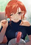  1girl ;d absurdres arisugawa_natsuha bracelet breasts collarbone earrings highres holding_ice_cream ice_cream_bar idolmaster idolmaster_shiny_colors japanese_clothes jewelry looking_at_viewer medium_breasts one_eye_closed orange_hair ribbed_shirt shirt single_bare_shoulder smile solo teriyaki_(kwpp3252) 