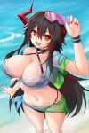  1girl :d asamura_hiori asymmetrical_horns azur_lane bangs beach bikini black_bikini black_hair breasts cleavage collarbone commentary_request cowboy_shot fangs foreshortening from_above groin hair_between_eyes halterneck highres holding holding_eyewear horns large_breasts long_hair looking_at_viewer lower_teeth magdeburg_(azur_lane) multicolored_hair navel o-ring o-ring_bikini ocean off_shoulder official_alternate_costume open_clothes open_mouth open_shirt partial_commentary red_eyes red_hair red_nails sarong scar scar_on_face see-through see-through_sarong see-through_shirt shirt short_sleeves sidelocks single_bare_shoulder smile solo standing stomach sunglasses swimsuit teeth tied_shirt wet wet_clothes wet_hair wet_shirt 