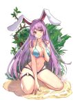  1girl absurdres alternate_costume animal_ears bangs bikini branch breasts diving_penguin full_body highres index_finger_raised large_breasts leaf long_hair looking_at_viewer navel o-ring purple_hair rabbit_ears reisen_udongein_inaba simple_background smile solo swimsuit thigh_strap touhou tree very_long_hair white_background 