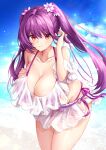  1girl absurdres beach bent_over bikini blue_sky breasts cleavage cloud cloudy_sky day fate/grand_order fate_(series) highres large_breasts looking_at_viewer ocean off-shoulder_bikini off_shoulder outdoors purple_bikini purple_swimsuit red_eyes sand scathach_(fate) scathach_skadi_(fate) scathach_skadi_(swimsuit_ruler)_(fate) shiraiwa_usagi sky smile solo swimsuit twintails 
