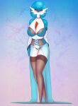 babyserval big_breasts bra breasts choker clothing corset crotchless_clothing crotchless_underwear female gardevoir hi_res humanoid humanoid_pointy_ears jewelry legwear lingerie looking_at_viewer necklace nintendo not_furry panties pok&eacute;mon pok&eacute;mon_(species) shiny_pok&eacute;mon simple_background solo thigh_highs topwear translucent underwear video_games 