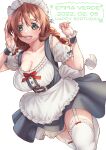  1girl :d absurdres apron aqua_eyes bangs bow breasts brown_hair character_name cleavage collarbone commentary cuffs curled_fingers dated detached_sleeves dirndl emma_verde english_text eyebrows_hidden_by_hair freckles garter_straps german_clothes hands_up happy_birthday highres large_breasts long_hair looking_at_viewer love_live! love_live!_nijigasaki_high_school_idol_club maid maid_headdress puffy_short_sleeves puffy_sleeves red_bow ribbon-trimmed_legwear ribbon-trimmed_thighhighs ribbon_trim round_teeth short_apron short_sleeves simple_background smile solo teeth thighhighs underbust upper_teeth ushio_ochinashi white_background white_thighhighs 