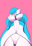  &lt;3 &lt;3_eyes babyserval big_breasts bottomless breasts clothed clothing female gardevoir genitals hi_res huge_breasts humanoid humanoid_pointy_ears looking_at_viewer low-angle_view nintendo not_furry pink_background pok&eacute;mon pok&eacute;mon_(species) pussy shiny_pok&eacute;mon simple_background solo video_games 