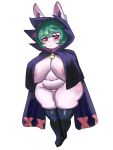  belly big_breasts blush breasts cloak clothing female frown green_hair hair hi_res hood huge_breasts humanoid league_of_legends legwear mostly_nude nipple_slip not_furry red_eyes riot_games short_stack simple_background solo thick_thighs thigh_highs vex_(lol) video_games white_background yordle ytrall 