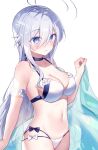  1girl 86_-eightysix- antenna_hair bangs bare_shoulders bikini blue_bow blue_choker blue_eyes bow breasts choker cleavage closed_mouth collarbone commentary_request grey_hair gyozanuko hair_between_eyes highres holding holding_towel long_hair medium_breasts navel simple_background solo swimsuit towel very_long_hair vladilena_millize white_background white_bikini white_bow 