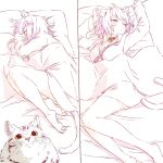  1girl animal_ears bare_legs bed_sheet breasts cat cat_ears cat_girl cat_tail collar full_body hashiguma highres hololive long_sleeves lying medium_breasts nekomata_okayu on_bed on_side one_eye_closed pillow shirt short_hair sketch sleeping sleepy tail virtual_youtuber waking_up 