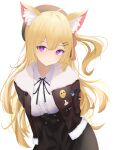  1girl absurdres ahoge animal_ear_fluff animal_ears arms_behind_back bangs beret blonde_hair blush bomber_jacket center_frills collared_shirt daily_(daily178900) frills fur-trimmed_jacket fur_trim hair_ornament hairclip hat high-waist_skirt highres indie_virtual_youtuber jacket long_hair neck_ribbon one_side_up patch purple_eyes ribbon shirt skirt smile sol_hms solo very_long_hair 