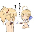  2girls ahoge blonde_hair blush braid breasts character_request chibi closed_mouth eating fate/apocrypha fate/grand_order fate_(series) french_braid full_body highres kitsunerider mordred_(fate) mordred_(fate/apocrypha) multiple_girls ponytail seiza simple_background sitting small_breasts smile spoken_sweatdrop sweatdrop topless translation_request white_background x_navel 