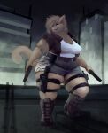  2020 anna_mercury anthro big_breasts boots bottomwear breasts city city_background clothed clothing cutoffs denim denim_clothing detailed_background domestic_cat felid feline felis female footwear fur grey_body grey_fur grey_hair gun hair handgun hi_res holding_gun holding_handgun holding_object holding_pistol holding_weapon holster jacket looking_aside mammal overweight overweight_anthro overweight_female pistol pistol_holster ranged_weapon shaded shirt shorts silverfang725 skindentation solo standing step_pose topwear weapon 