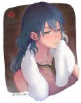  1girl apple_brk bangs blue_eyes blue_hair byleth_(fire_emblem) byleth_(fire_emblem)_(female) clenched_teeth collarbone commentary_request cropped_torso fire_emblem fire_emblem:_three_houses from_above hair_between_eyes half-closed_eyes hand_up holding holding_towel korean_commentary looking_to_the_side medium_hair onsen portrait signature solo sweat teeth towel towel_around_neck twitter_username white_background wiping_face wiping_sweat 