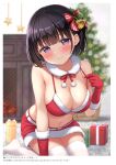 1girl absurdres armpit_crease bangs bare_shoulders bell belt bikini bikini_top_only black_hair blurry blush bow box breasts christmas christmas_tree cleavage depth_of_field detached_collar fireplace fur-trimmed_skirt fur_trim gift gift_box gloves hair_bell hair_bow hair_ornament halterneck hand_up head_tilt highres holly holly_hair_ornament karutamo large_breasts looking_at_viewer miniskirt navel no_shoes original pom_pom_(clothes) purple_eyes red_bikini red_gloves red_skirt revealing_clothes santa_bikini santa_costume short_hair sitting skirt smile solo star_(symbol) stomach strap_pull string_bikini swimsuit thighhighs thighs white_thighhighs zettai_ryouiki 