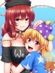  2girls :d american_flag_dress bare_shoulders black_shirt blonde_hair blue_background breasts chain cleavage clothes_writing clownpiece collar collarbone earth_(ornament) fairy_wings gold_chain grin hat hecatia_lapislazuli highres jester_cap large_breasts long_hair looking_at_viewer moon_(ornament) multiple_girls neck_ruff off-shoulder_shirt off_shoulder open_mouth polka_dot polos_crown purple_headwear red_hair shirt short_sleeves smile t-shirt tatsu_toyoyo teeth touhou wings 