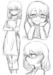  1girl aika_himena apron bespectacled blush earrings glasses hair_between_eyes hand_rest highres jewelry long_hair looking_at_viewer magia_record:_mahou_shoujo_madoka_magica_gaiden mahou_shoujo_madoka_magica monochrome multiple_views older smile youichi82880400 