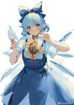  1girl :3 absurdres blue_bow blue_dress blue_eyes blue_hair blue_nails blush bow cirno closed_mouth cowboy_shot dress fingernails flower food hair_between_eyes hair_bow highres holding holding_food nail_polish pinafore_dress popsicle red_ribbon ribbon sancking_(fatekl) shirt short_hair sketch solo sunflower touhou w weibo_logo weibo_username white_shirt yellow_flower 