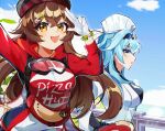  2girls :d amber_(genshin_impact) arm_up bangs blue_hair blue_hairband blue_sky brown_hair clothes_writing cloud commentary_request day eula_(genshin_impact) genshin_impact gloves goggles goggles_around_neck hair_between_eyes hairband hand_up highres hood hoodie long_hair looking_at_viewer medium_hair multiple_girls open_mouth outdoors parted_lips pizza_hut red_hoodie shirt sky smile upper_body very_long_hair white_gloves white_headwear white_shirt yellow_eyes zhaozhaobai 
