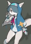  2022 anthro blue_hair bridget_(guilty_gear) canid canine canis clothed clothing fingerless_gloves fur gesture girly gloves guilty_gear hair hair_over_eye handwear hatsumiilkshake hi_res inner_ear_fluff looking_aside male mammal one_eye_obstructed panties shadow simple_background solo tuft underwear v_sign white_body white_fur wolf 