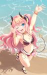  1girl ;d beach bikini blue_eyes blush breasts cleavage highres horns one_eye_closed open_mouth pink_hair princess_connect! shadow smile suzuna_(princess_connect!) swimsuit tail thighhighs v water 