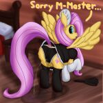  anatomically_correct bodily_fluids callichrome clothing cutie_mark dialogue embarrassed equid equine female feral fluttershy_(mlp) friendship_is_magic genital_fluids hasbro hi_res horse legwear looking_at_viewer looking_back maid_uniform mammal my_little_pony panties peeing pegasus pony puddle raised_tail solo solo_focus spread_wings stockings teats text underwear uniform urine watersports wetting wings 