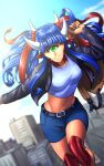  1girl backpack bag bangs black_jacket blue_hair blue_shorts blue_sky blunt_bangs blurry blurry_background breasts cacodemon cityscape commentary cyclops day doom_(series) english_commentary green_eyes hair_ornament hair_scrunchie highres horns jacket long_hair long_sleeves looking_at_viewer medium_breasts midriff monster_girl multicolored_hair multiple_horns navel one-eyed outdoors personification pointy_ears red_hair red_scrunchie revision scrunchie shorts sky smile solo streaked_hair substance20 twintails two-tone_hair 