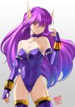  1girl animal_ears breasts cowboy_shot gloves highleg highleg_leotard highres jewelry judy_totoya leotard long_hair looking_at_viewer medium_breasts neck_ring nei phantasy_star phantasy_star_ii purple_gloves purple_hair purple_leotard red_eyes signature simple_background smile white_background 