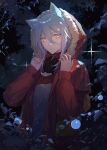  1girl absurdres animal_ear_fluff animal_ears arknights bush candy_(pixiv15231759) closed_mouth coat expressionless fur-trimmed_hood fur_trim grey_hair grey_shirt hair_between_eyes highres hood hood_up hooded_coat long_hair long_sleeves looking_at_viewer night open_clothes open_coat outdoors plant projekt_red_(arknights) red_coat shirt solo sparkle upper_body wolf_ears 