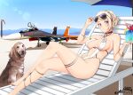  ace_combat ace_combat_7 aircraft airplane bare_shoulders blonde_hair blue_eyes blush braid breasts character_request choker cocktail cocktail_glass collarbone crossed_legs cup drinking_glass fighter_jet jet lens_flare medium_breasts military military_vehicle navel ppshex see-through short_hair sunglasses swimsuit toes vehicle_request 
