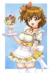  1girl alternate_costume apron blue_background breasts brown_eyes brown_hair cherry choker collarbone cookie cream dengeki_gx dress food framed_breasts fresh_precure! fruit hair_between_eyes highres ice_cream lace medium_breasts melon_slice open_mouth orange_(fruit) orange_ribbon orange_slice parfait pineapple_slice precure puffy_short_sleeves puffy_sleeves ribbon short_sleeves side_ponytail smile solo thighhighs waitress white_background white_thighhighs yamabuki_inori yellow_dress 