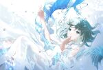  1girl animal arm_up bangs blue_eyes blue_hair dress fish floating_hair gem highres jewelry koa_tcbs lace_sleeves long_sleeves looking_up necklace open_mouth original pearl_(gemstone) pearl_necklace solo the_little_mermaid_(andersen) underwater water water_drop 