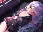  1girl ass_visible_through_thighs bed black_jacket blush bra breasts brown_eyes cleavage grey_hair highres jacket long_hair lying nearly_naked_coat no_pants nyahu_(nyahu_77) on_back open_clothes open_jacket original panties panty_pull pillow small_breasts smile solo thigh_gap thighs underwear very_long_hair white_bra white_panties 