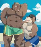  2022 anthro beach bottomwear brown_body bulge canid canine canis clothing cloud domestic_dog duo hi_res humanoid_hands kemono male mammal nipples outside seaside shorts suid suina sus_(pig) train_(artist) water wild_boar 