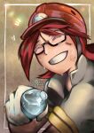  1boy bottle closed_eyes glasses heart helmet highres holding holding_bottle male_focus mining_helmet notice_lines pokemon pokemon_(game) pokemon_dppt red_hair roark_(pokemon) scraggscribs smile solo sweat teeth twitter_username water_bottle 