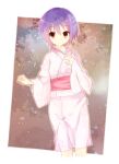  1girl alternate_costume bangs commentary_request feet_out_of_frame hands_up highres japanese_clothes kimono looking_at_viewer nagato_yuki nanabuluku obi pink_kimono print_kimono purple_hair sash short_hair snowflake_print solo suzumiya_haruhi_no_yuuutsu 