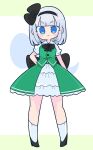  1girl black_bow black_bowtie black_footwear black_hairband black_ribbon blue_eyes bob_cut bow bow_hairband bowtie collared_shirt frilled_skirt frills green_skirt green_vest hair_ribbon hairband high_heels highres konpaku_youmu op_na_yarou puffy_short_sleeves puffy_sleeves ribbon shirt short_hair short_sleeves simple_background skirt skirt_set smile socks solo touhou vest white_background white_hair white_shirt 