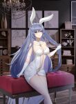  1girl absurdres animal_ears azur_lane bangs blue_hair breasts bridal_veil chandelier cleavage commentary_request drawer dress elbow_gloves fake_animal_ears feet_out_of_frame fossil gloves grey_eyes hand_in_own_hair highres jewelry large_breasts leaning_on_object long_hair looking_at_viewer map new_jersey_(azur_lane) new_jersey_(snow-white_ceremony)_(azur_lane) official_alternate_costume rabbit_ears shelf solo straight_hair veil very_long_hair white_gloves wooden_floor yuyu-lyf 
