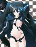  bikini_top black_hair black_rock_shooter black_rock_shooter_(character) blue_eyes c.r. checkered cloak flat_chest front-tie_top glowing glowing_eyes long_hair nipples open_fly pussy short_shorts shorts solo star twintails unzipped very_long_hair wardrobe_malfunction 